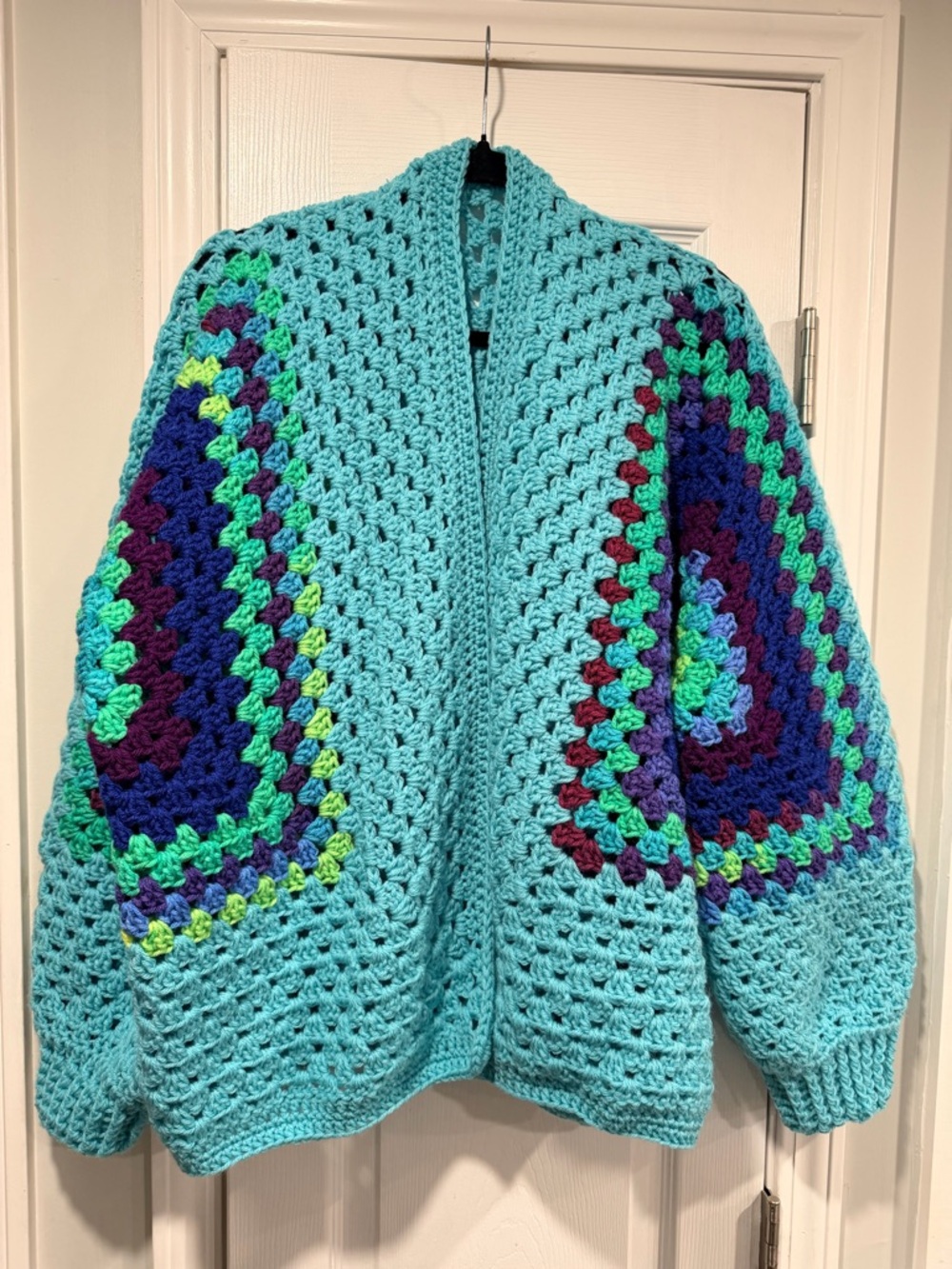 Handmade Crochet Granny Square One Size Cozy Cardigan Boho Chunky Knit Sweater